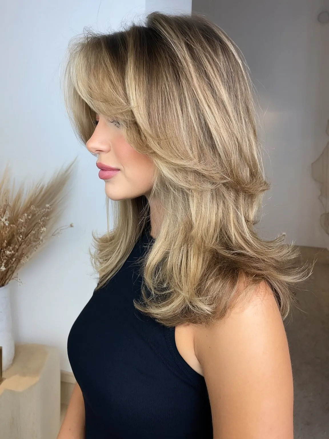 Feathered Sandy Blonde Waves with Long Bangs